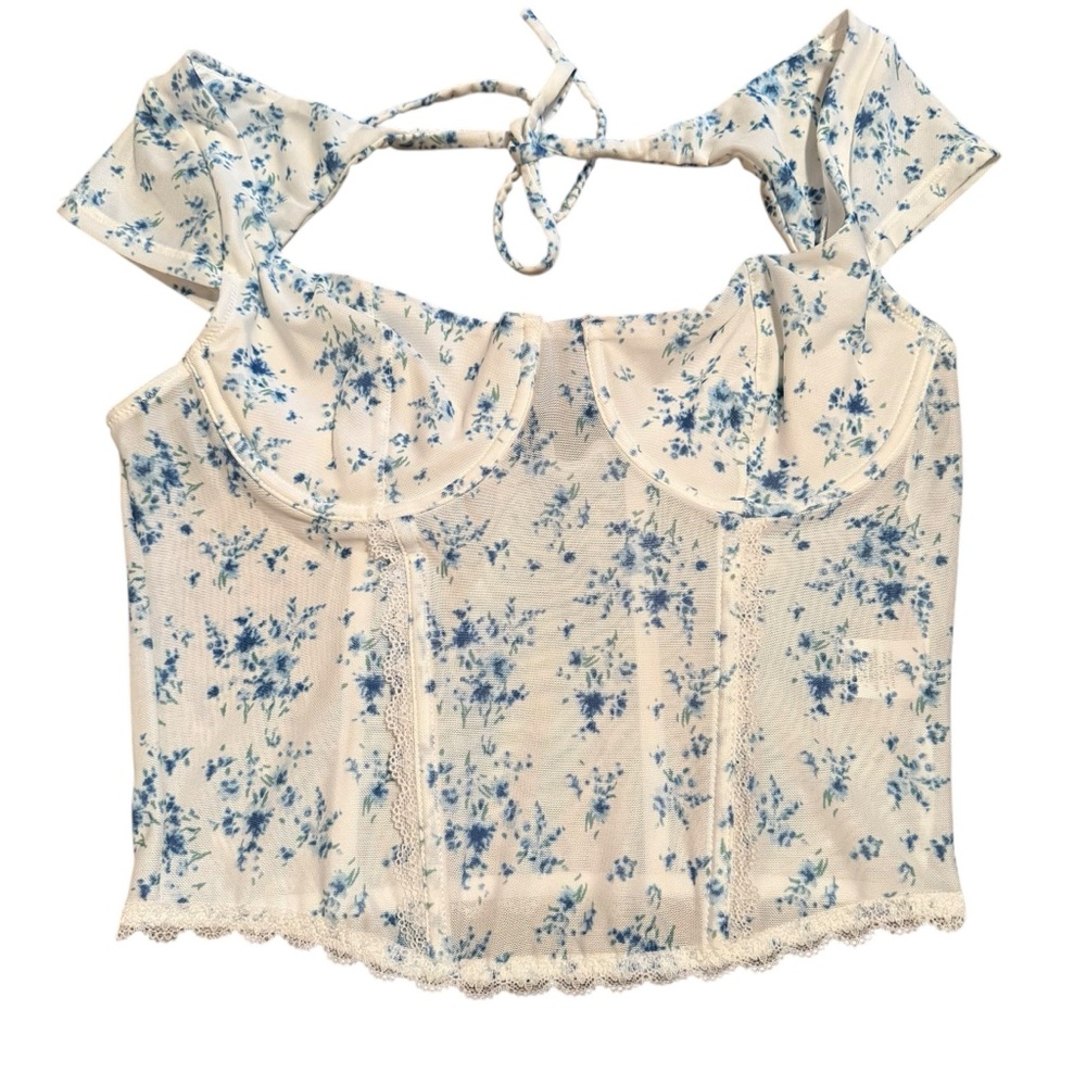 White & Blue Microfloral Bustier Corset‎ Top Lace Cottagecore Milkmaid Fairy L